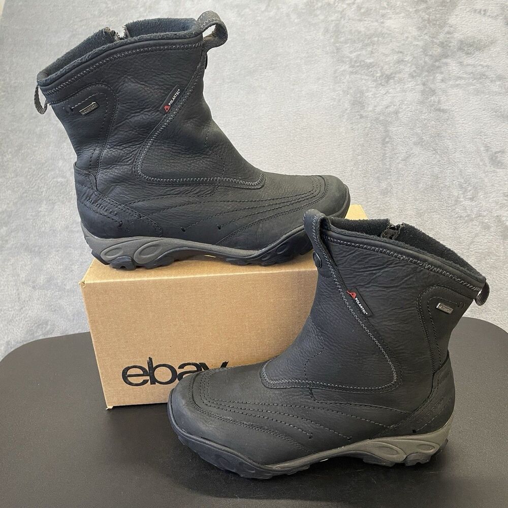 Merrell Boots Womens 9 Lolite Polartec Waterproof Black Leather Hiking Zip Up